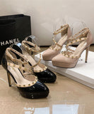 【2色】パンプス　痛くない　ハイヒール　ピンヒール　通勤用　エナメル　パンプス リベット　ハイヒール ポインテッドトゥ ヒール10cm エナメル　パンプス　ピンヒール 美脚パンプス 定番 フォーマル 結婚式 オフィス 大きいサイズ25.5cm XH5-DLHS6266-1