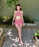 【4点セット】水着 ホルターネック クロシェ編み 切り替え イチゴ モノキニ ワンピース 体型カバー ビキニXH7-YQ-HHq7SNLL