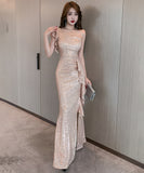 【3色】ロングドレス キャバドレス ワンーショルダー キラキラ フリル 宴会 ナイトクラブ パーティーXH2-DD5227