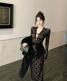 【3色】膝丈ドレス レースドレス 谷間見せ セクシー エレガント 女子力 袖付き 気質 XH2-XKD-D529-6616-Nov28