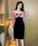 手作り 膝丈ドレス エレガント スクエアネック セレブ風 ローズ チュール 高級感 XH2-JY9707