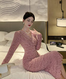 ロングドレス キャバドレス レース 高級感 Vネック エレガント 気質 袖付き XH2-ZED885423DXH449B