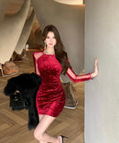 【2色】ミニドレス キャバドレス キラキラ チュール 袖付き セクシー ナイトクラブ XH2-DD3871