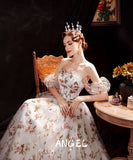 ロングバースデードレス ベアトップ 花柄 誕生日 パフスリーブ 宴会 XH2-SMHS060701