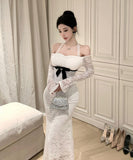 ロングドレス レース ホルターネック マーメイドドレス エレガント カワセクシー オフショルダーXH2-CD7-238-85950530