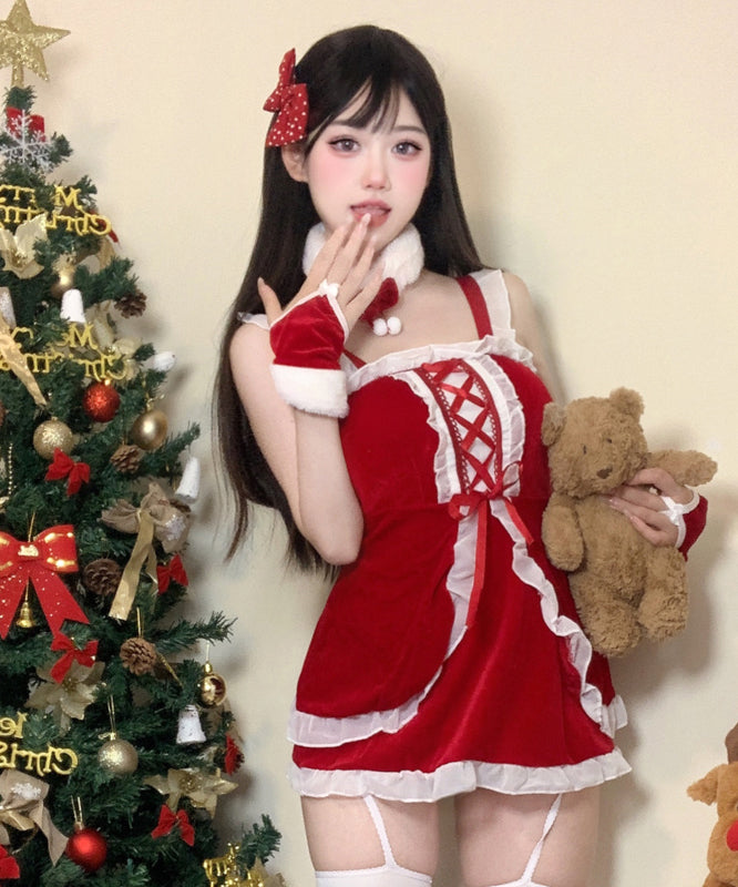 【5点セット】クリスマ 大人可愛い セクシー サンタ服 コスプレ レース リボン XH2-DML63