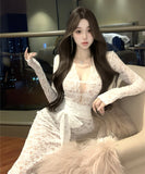 【3色】膝丈ドレス レースドレス 谷間見せ セクシー エレガント 女子力 袖付き 気質 XH2-XKD-D529-6616-Nov28