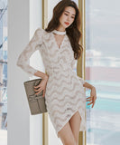 キャバドレス 膝丈ドレス 非対称 レース Ⅴネック セクシー エレガント XH2-ZED880855E