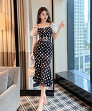 手作り 膝丈ドレス 水玉柄 オフショルダー フリル エレガント 気質 宴会 XH2‐JY50225