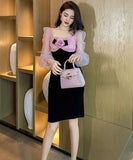 手作り 膝丈ドレス エレガント スクエアネック セレブ風 ローズ チュール 高級感 XH2-JY9707