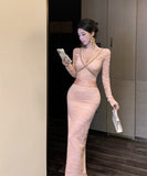 【2色】ロングドレス レース 谷間魅せ キラキラ エレガント セレブ風 キャバドレス XH2-ZED885576DXH238B