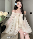 ミニドレス チュール エレガント オフショルダー リボン Aライン 着痩せ 気質 XH2-CD7-328-62130630