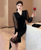 膝丈ドレス キャバドレス エレガント 気質 レース 高級感 Vネック セクシー XH2-ZED889932GT415