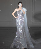 ロングドレス 高品質 キラキラ ナイトドレス 宴会 ワンショルダー 演奏会 XH2-TSZY5-6