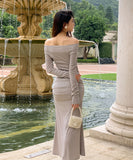 【2色】ロングドレス セクシー オフショルダー 谷間魅せ 指名 フリル 気質 XH2-ZED889648GT347