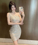 キャバドレス キラキラ ミニドレス ワンショルダー セクシー ナイトクラブ パーティー XH2-DD5655