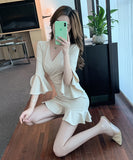 【2色】ミニドレス セクシー フリル キャバドレス 袖付き 谷間魅せ XH2-DD83548