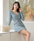 ツイードドレス セレブ風 高級感 千鳥格子 エレガント 着痩せ 気質 韓国っぽ XH2-ZED88383A71