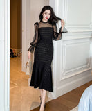 手作り 膝丈ドレス partyドレス チュール キラキラ エレガント 宴会 マーメイドドレス XH2-JY20760