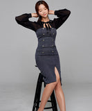 膝丈ドレス 秋新作 リボン スクエアネック エレガント セクシー 袖付き XH2-ZED889397C415