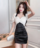 【2色】ミニドレス レース キャバドレス パフスリーブ 大人可愛い 谷間見せ セクシー タイトドレス XH2-JX5103