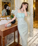 【手作り】膝丈ドレス フリル おしゃれ 小顔効果 スクエアネック エレガント XH2-JY20470