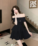 【2色】ミニドレス カワセクシー オフショルダー Aライン 気質 着痩せ 通勤 XH2-ZED886092GT513