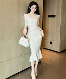 手作り 膝丈ドレス マーメイド エレガント 気質 スクエアネック セレブ風 真珠 XH2-JY6017