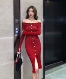 【4色】ニットドレス オフショルダー セクシー  着瘦せ 袖付き エレガント XH2-ZED883071BH453