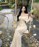 ロングドレスオフショルダーレースセクシーエレガントフリル着痩せ長袖おしゃれXH2-CD1-119-96610820