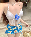 3点式セット ビキニ 水着 三角ビキニ ホルターネック セクシー レース 花柄 韓国っぽ ビーチ 海 温泉 XH7-SNM535