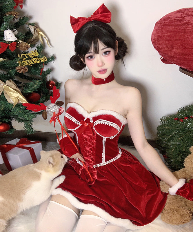 2色【5点セット】クリスマ 大人可愛い セクシー サンタ服 コスプレ Aライン ベアトップ リボン XH2-DML7