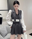 【2点セット】【3色】ミニドレス 大人可愛い 韓国っぽ おしゃれ 着瘦せ パフスリーブ XH2-ZED886831GD653