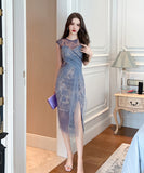 blue&black【手作り】膝丈ドレス 高品質 おしゃれ レース　チュール エレガント XH2-JY10553