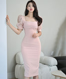 膝丈ドレス セクシー キャバドレス スクエアネック パフスリーブ 谷間魅せ 小顔効果 XH2-ZED886627BH506