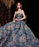 ロングドレス ベアトップ ナイトドレス 花柄 高級感 宴会 演奏会 お嬢様 パフスリーブ 油絵のプリンセスXH2-MBYD6.6