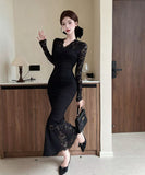 【2色】ロングドレス マーメイド レース Vネック セクシー エレガント XH2-DD7530