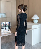 膝丈ドレス 中華風 レース セクシー 秋新作 袖付き おしゃれ 気質 XH2-ZED88959GT415