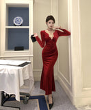 ロングドレス マーメイドドレス セクシー エレガント 袖付き 気質 着痩せ chic 女子力 XH2-ZED886339DXH348A