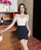 【black&pink】ミニドレス キャバドレス 非対称 谷間魅せ 指名 レース XH2-DD4549