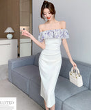 膝丈ドレス オフショルダー フリル 気質 エレガント 通勤 着痩せ おしゃれ XH2-DD4479