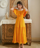 【3色】サンドレス ビーチ 旅行 ロングドレス フリル オフショルダー 大人可愛い XH2-XHY918885