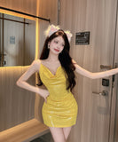 ミニドレス キャバドレス セクシー キラキラ 谷間見せ フリル ナイトクラブ XH2-DD6163