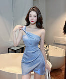 【blue&pink】ミニドレス キャバドレス セクシー キラキラ Party ワンショルダー XH2-DD4737