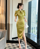 【手作り】膝丈ドレス 高品質 おしゃれ  パフスリーブ エレガント 宴会 高級感 XH2-JY30068