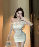 ミニドレス キャバクラ オフショルダー セクシー ふわふわ レース エレガント 着痩せ 同伴 XH2-ZED882478DXH437