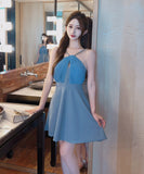 【ブルー&ブラック】ミニドレス キャバドレス ホルターネック 谷間見せ Aライン 着痩せ 気質 XH2-DD7544