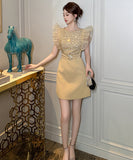 手作りドレス 膝丈ドレス キラキラ セレブ風 高級感 気質 フリル 小顔効果 XH2-JY50989