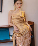 手作り ロングドレス ナイトドレス 宴会 キラキラ パーティー オフショルダー 演奏会 誕生日 XH2-TLG23051902