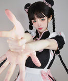 【5点セット】バストハートカットメイドデザインフレアスカートプチプラガーリーチャイナドレス  (チャイナ服/髪飾り/リボン×2/エプロン)XH2-FMS-T023